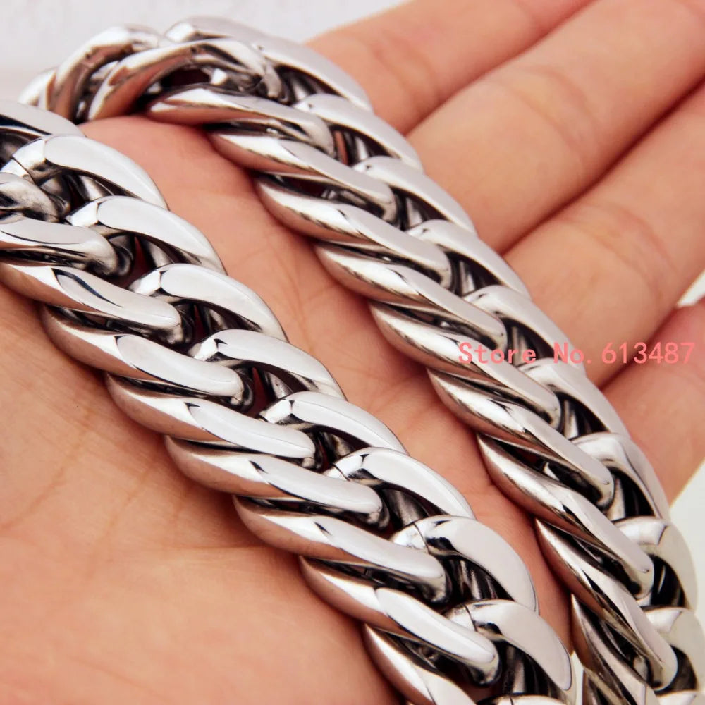 High Quality Silver Color Stainless Steel Men'S Chain Necklace Heavy Huge Jewelry Curb Cuban Chain 7"-40" 18Mm Gift